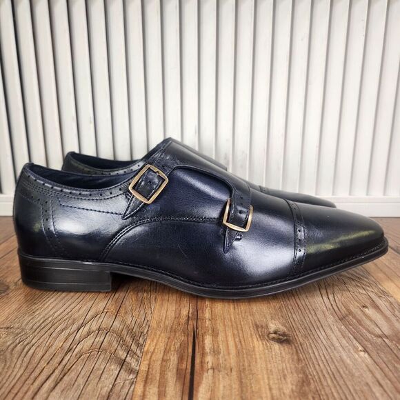Jump New York Manolo Double Monk Strap Dress Shoes Men Sz 9 M Navy Blue Leather - Picture 2 of 11